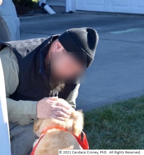 a man pets a golden retriever